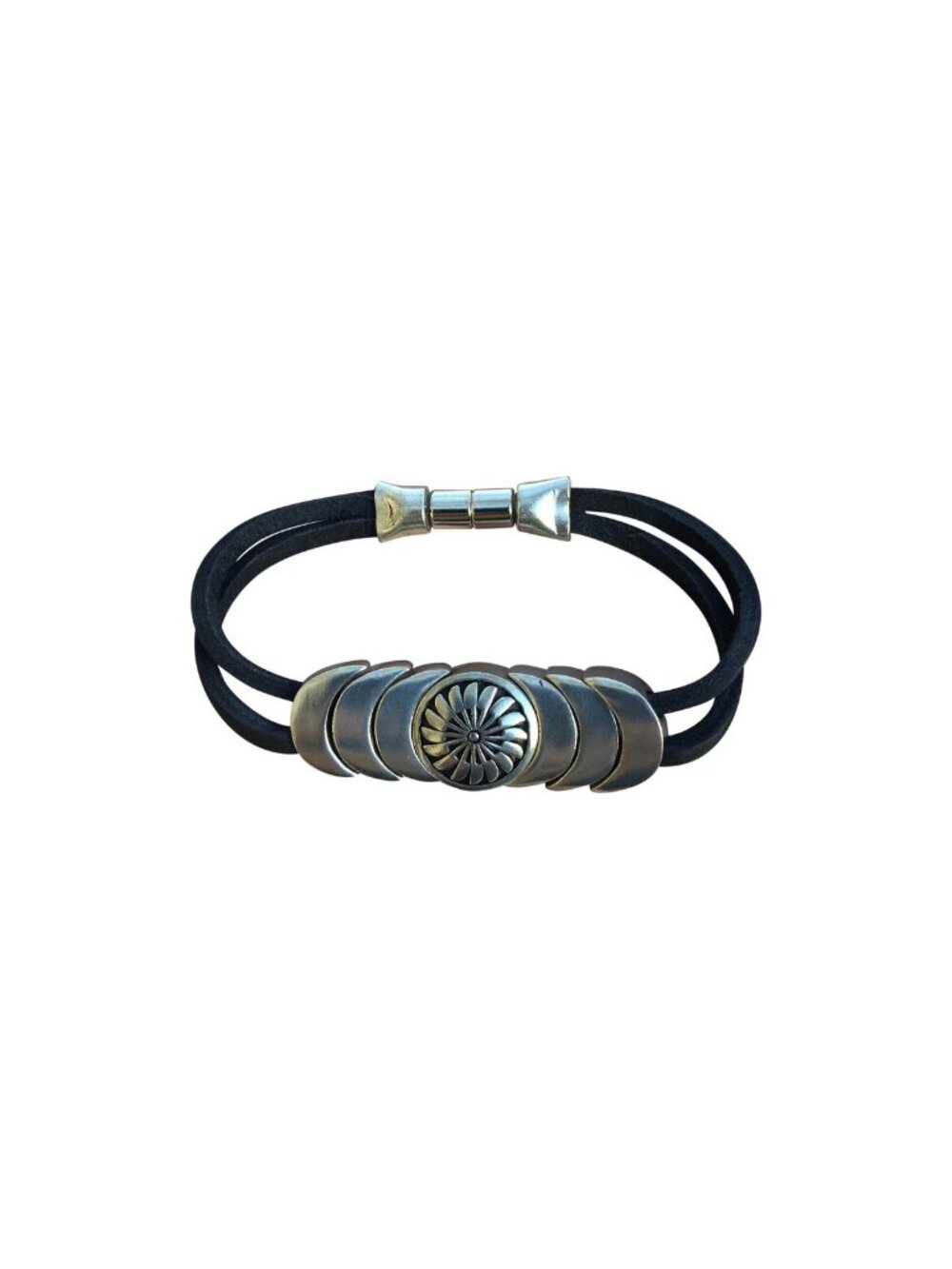 Indian Magnetic Leather Bracelet " Protection " Jewelry Black Silver NEW Small S